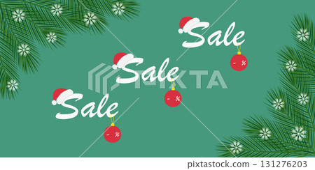 Sale Text and Christmas Balls with Copy space for percent numbers and Santa Hat on Letter Pine Twigs 131276203