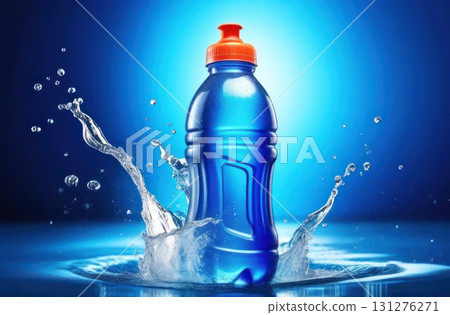 Dive into refreshment with this stunning photograph of a blue water bottle splashing 131276271