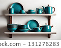 Striking teal ceramic dishware set beautifully arranged on rustic wooden shelves 131276283
