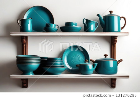 Striking teal ceramic dishware set beautifully arranged on rustic wooden shelves 131276283