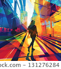 Vivid urban art captures the essence of city life, with a lone figure walking through a colorful geometric 131276284