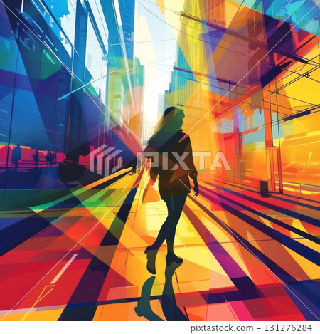 Vivid urban art captures the essence of city life, with a lone figure walking through a colorful geometric 131276284
