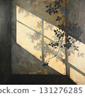Sunlight filters through a window, casting intricate leaf shadows on the wall 131276285