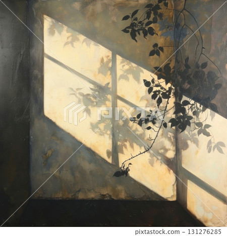 Sunlight filters through a window, casting intricate leaf shadows on the wall 131276285
