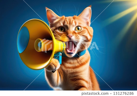 Adorable cat making a statement through a vibrant megaphone. 131276286