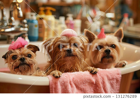 Three adorable dogs enjoying a bath together, decked out with cute hair accessories 131276289