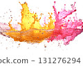 Vibrant explosion of color: pink, yellow and orange paint splash captured in mid-air 131276294