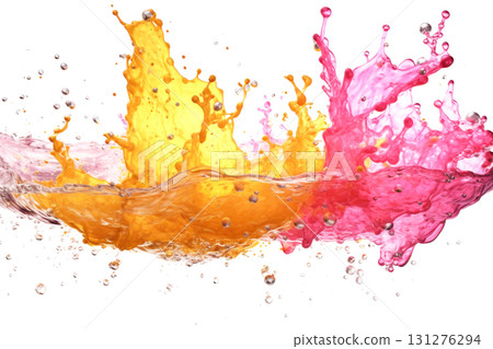 Vibrant explosion of color: pink, yellow and orange paint splash captured in mid-air 131276294