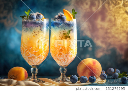 Indulge in the visual feast of these vibrant peach and blueberry cocktails 131276295