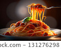 Indulge in this succulent spaghetti lifted high on a fork, twirled perfectly and dripping with rich tomato sauce 131276298