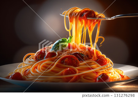 Indulge in this succulent spaghetti lifted high on a fork, twirled perfectly and dripping with rich tomato sauce 131276298