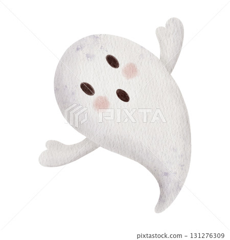 Cute spooky ghost making boo. Hand drawn Watercolor Children's scary character isolated on a background. Halloween phantom, October holiday mood. For kids party invitations, decorations, posters and 131276309