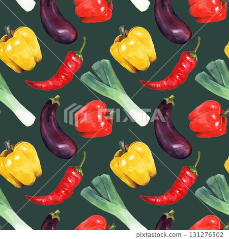Seamless watercolor pattern with fresh eggplants, bell peppers, chili peppers, and leeks on deep dark green background Seamless watercolor pattern with fresh eggplants, bell peppers, chili peppers, and leeks on deep dark green background 131276502