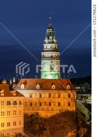 Illuminated tower in Cesky Krumlov, Czech Republic Illuminated tower in Cesky Krumlov, Czech Republic 131276628