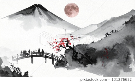 Japanese painting of a full moon landscape with a red moon and plum blossom background 131276652