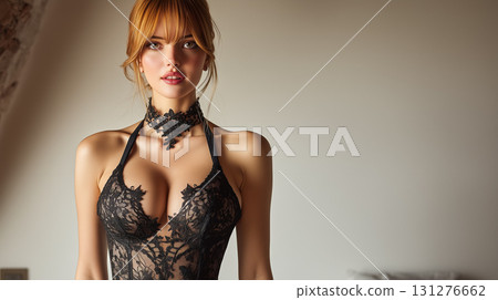 身穿黑色蕾絲內衣時尚的女模特兒優雅肖像 身穿黑色蕾絲內衣時尚的女模特兒優雅肖像 131276662