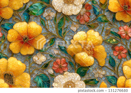 Light and color. Mosaic of glass pearl yellow tiles. Floral pattern. Top view. Light and color. Mosaic of glass pearl yellow tiles. Floral pattern. Top view. 131276680