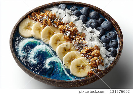 Gourmet dish. Acai bowl with granola and edible flowers. Hotel Breakfast Styles. Gourmet dish. Acai bowl with granola and edible flowers. Hotel Breakfast Styles. 131276692