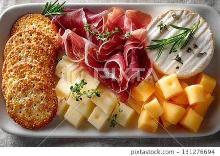 Plate of slices prosciutto, pieces of brie, cheddar with crackers on a white background. Classic Continental Breakfast. Hotel Breakfast Styles. Plate of slices prosciutto, pieces of brie, cheddar with crackers on a white background. Classic Continental Breakfast. Hotel Breakfast Styles. 131276694