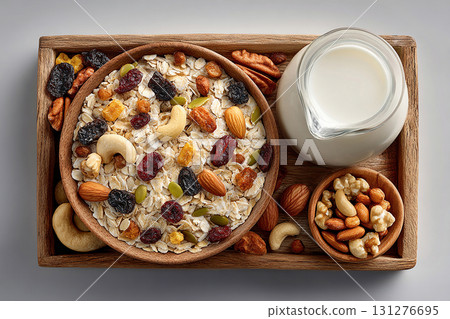 Breakfast table. Top view of a tray of muesli in nuts on a bowl and milk jug on a white background. Classic breakfast. Breakfast table. Top view of a tray of muesli in nuts on a bowl and milk jug on a white background. Classic breakfast. 131276695