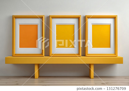 Neutral tones. Empty yellow photo frame for a collage of three photos in a minimalist style on a white background. Neutral tones. Empty yellow photo frame for a collage of three photos in a minimalist style on a white background. 131276709