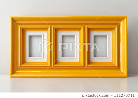 Classic design. Empty yellow photo frame for a collage of three photos in a minimalist style on a white background. 131276711