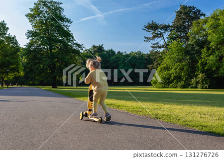 Preschool child scooter. Outdoor sport toddler. Fun play riding balance. 131276726