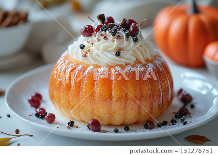 Delicious dessert. Pumpkin dessert in orange tones on a plate with soft lighting. Preparing for Halloween. Autumn atmosphere. Delicious dessert. Pumpkin dessert in orange tones on a plate with soft lighting. Preparing for Halloween. Autumn atmosphere. 131276731