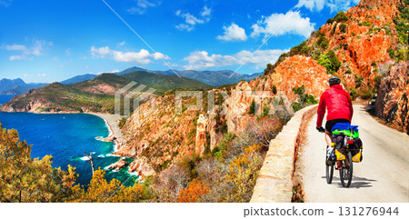 cycling in Corsica mountains. Healthy lifestyle. outdoor sport activiies cycling in Corsica mountains. Healthy lifestyle. outdoor sport activiies 131276944