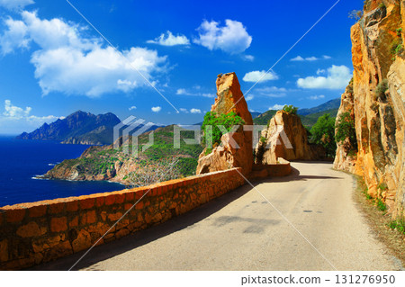 scenic roads of Corsica island, Calanques rocks. France scenic roads of Corsica island, Calanques rocks. France 131276950