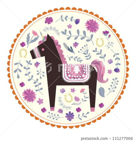 斯堪的納維亞風格的獨角獸和花卉圓形圖標 131277008