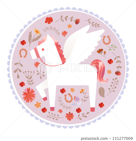 Scandinavian style Pegasus and floral circular icon Scandinavian style Pegasus and floral circular icon 131277009