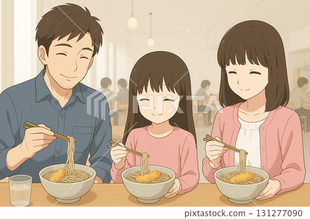 父母和孩子們在蕎麥麵店吃蕎麥麵 131277090
