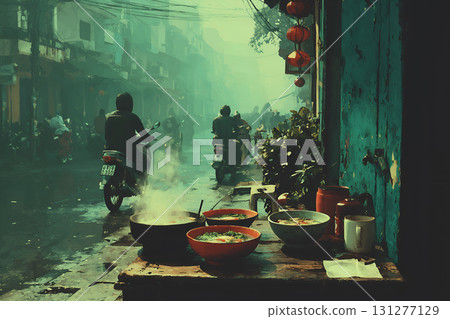 Vietnam Street Food Stall with Pho and Motorbikes Night Market Illustration Vietnam Street Food Stall with Pho and Motorbikes Night Market Illustration 131277129