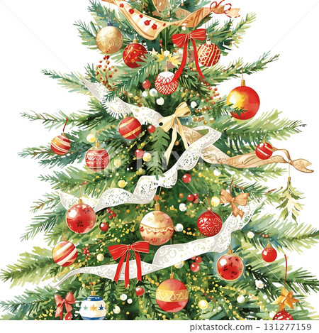 Beautifully decorated Christmas tree with festive ornaments and ribbons 131277159