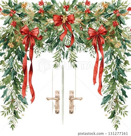 Festive holiday wreath adorned with red bows and greenery above double glass doors 131277161