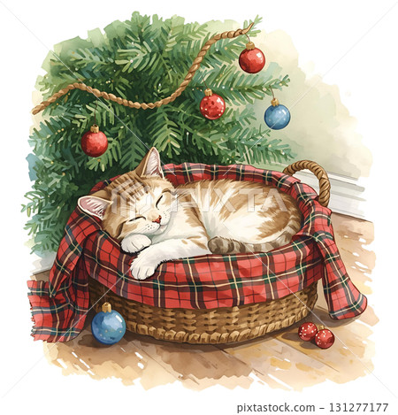 Cute cat sleeping in a basket under a Christmas tree with ornaments Cute cat sleeping in a basket under a Christmas tree with ornaments 131277177