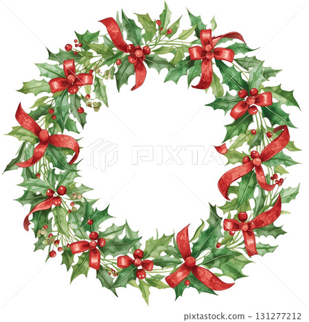 Beautiful festive wreath made of holly and red ribbons for holiday decoration 131277212