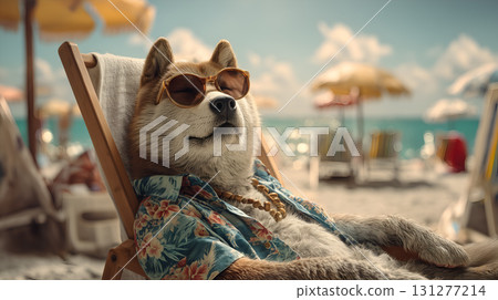 Shiba Inu in Hawaiian Shirt and Sunglasses Relaxing on Beach Chair 131277214