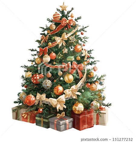 Festive Christmas tree decorated with ornaments and gifts in a cozy setting 131277232