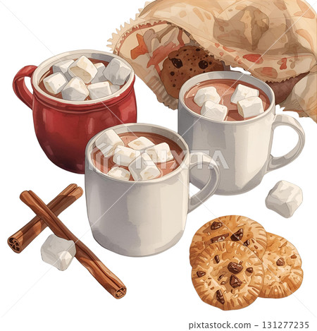 Cozy hot chocolate with marshmallows and cookies on a warm winter evening 131277235