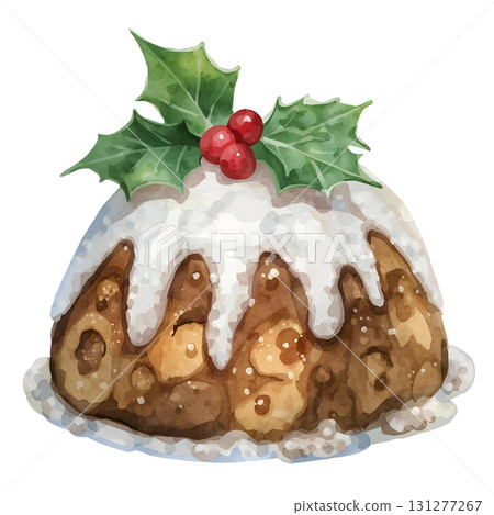 Delicious holiday pudding decorated with holly and berries for festive celebrations 131277267