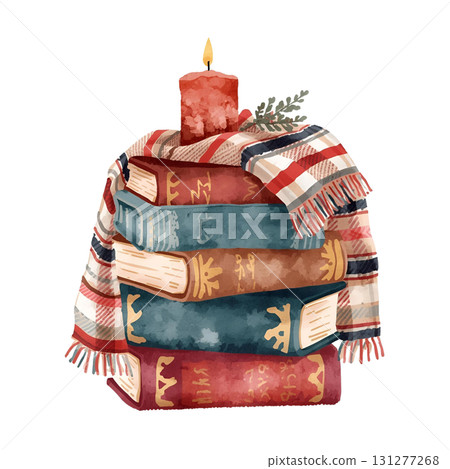 Cozy arrangement of stacked books with a candle and blanket during a relaxing evening Cozy arrangement of stacked books with a candle and blanket during a relaxing evening 131277268