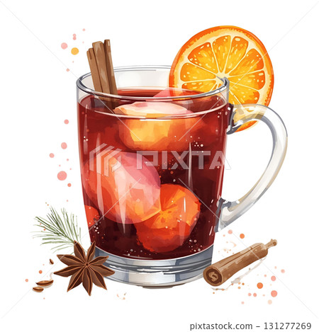 Warm spiced drink with orange and cinnamon in a clear mug for cozy moments 131277269