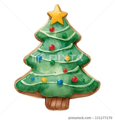 Colorful Christmas tree cookie with festive decorations and star on top Colorful Christmas tree cookie with festive decorations and star on top 131277270