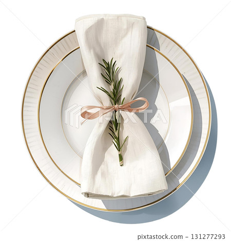 Elegant table setting with a white napkin and fresh herb decoration for a special dinner 131277293