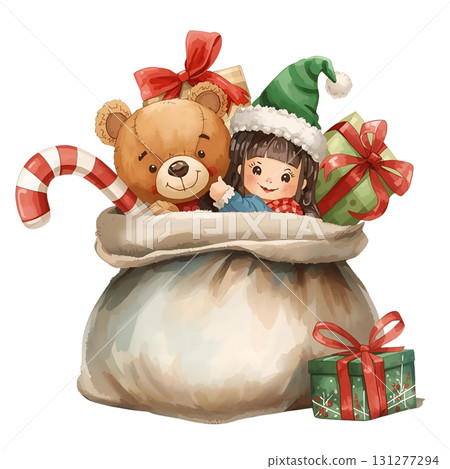 Soft teddy bear and joyful child with gifts in a festive bag during winter celebrations 131277294