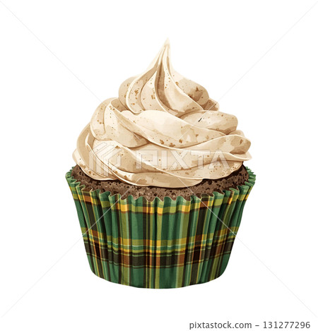 Delicious cupcake with brown frosting and plaid wrapper sits on a white background 131277296