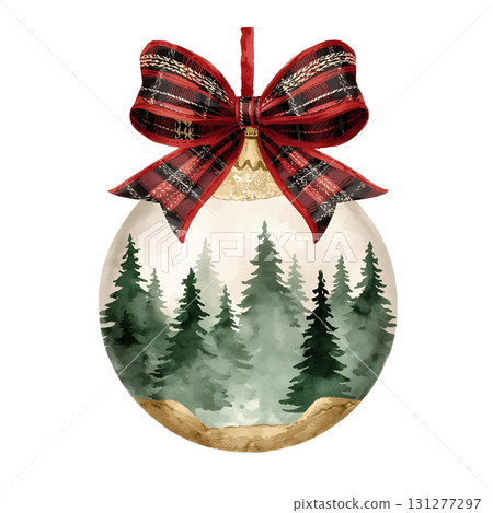 Beautiful Christmas ornament featuring a forest design tied with a red plaid bow 131277297