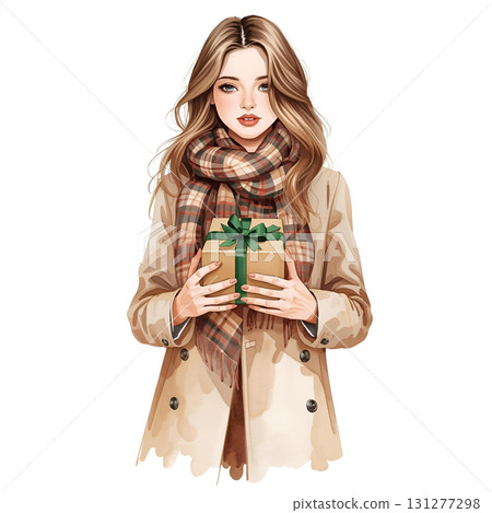 Young woman holding a gift in a cozy scarf during the holiday season 131277298